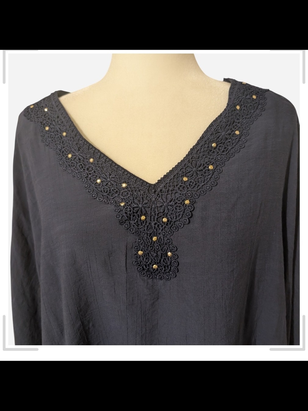 NY Collection Black V-Neck Crochet Trim Blouse - Picture 4 of 7